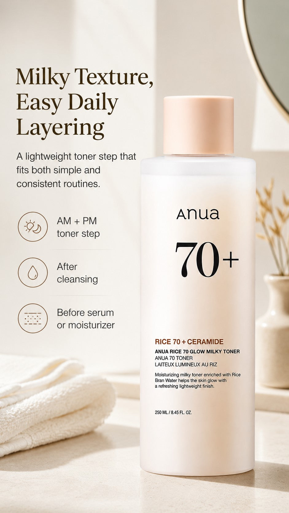 Rice 70 Glow Milky Toner with Niacinamide & Ceramides, Hydrating Korean Rice Water Toner for Glass Skin, Barrier Care, Dewy Glow, Fragrance-Free, Non-Comedogenic, All Skin Types, 8.45 Fl.Oz.