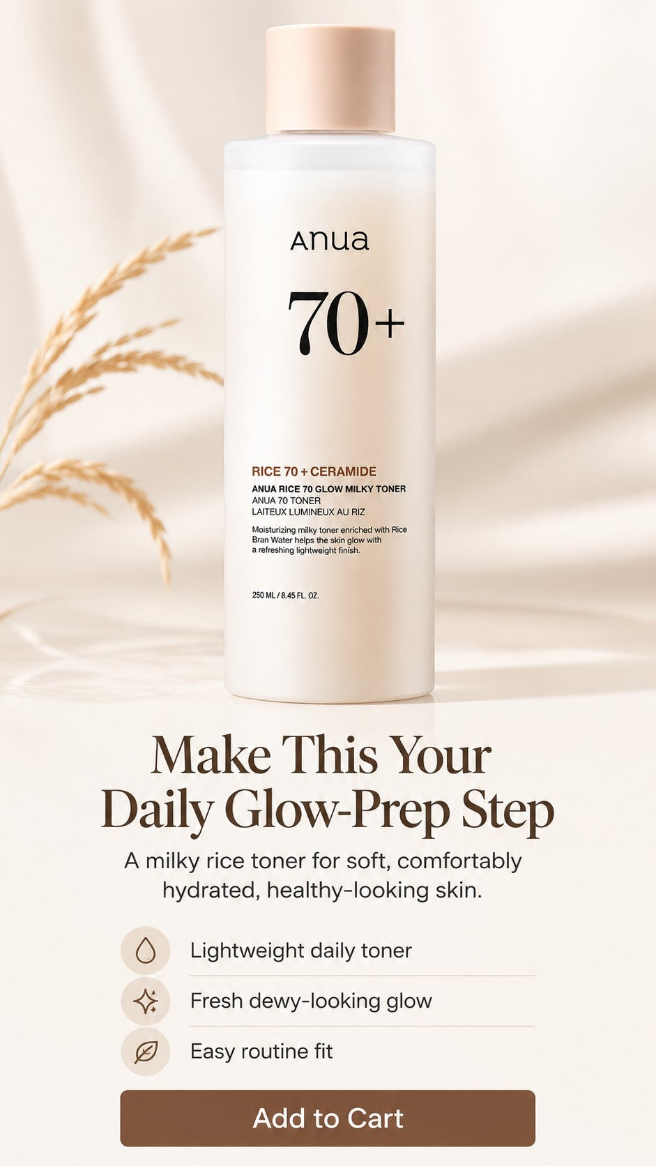 Rice 70 Glow Milky Toner with Niacinamide & Ceramides, Hydrating Korean Rice Water Toner for Glass Skin, Barrier Care, Dewy Glow, Fragrance-Free, Non-Comedogenic, All Skin Types, 8.45 Fl.Oz.