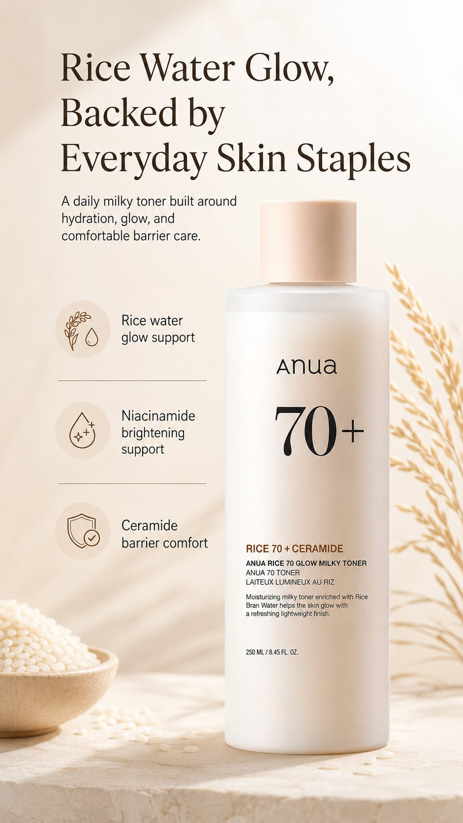 Rice 70 Glow Milky Toner with Niacinamide & Ceramides, Hydrating Korean Rice Water Toner for Glass Skin, Barrier Care, Dewy Glow, Fragrance-Free, Non-Comedogenic, All Skin Types, 8.45 Fl.Oz.