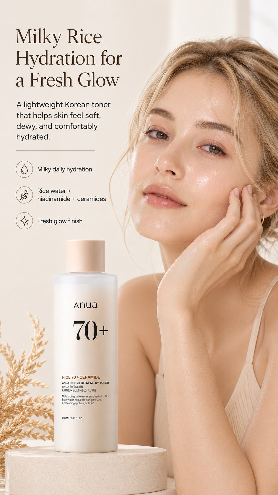 Rice 70 Glow Milky Toner with Niacinamide & Ceramides, Hydrating Korean Rice Water Toner for Glass Skin, Barrier Care, Dewy Glow, Fragrance-Free, Non-Comedogenic, All Skin Types, 8.45 Fl.Oz.