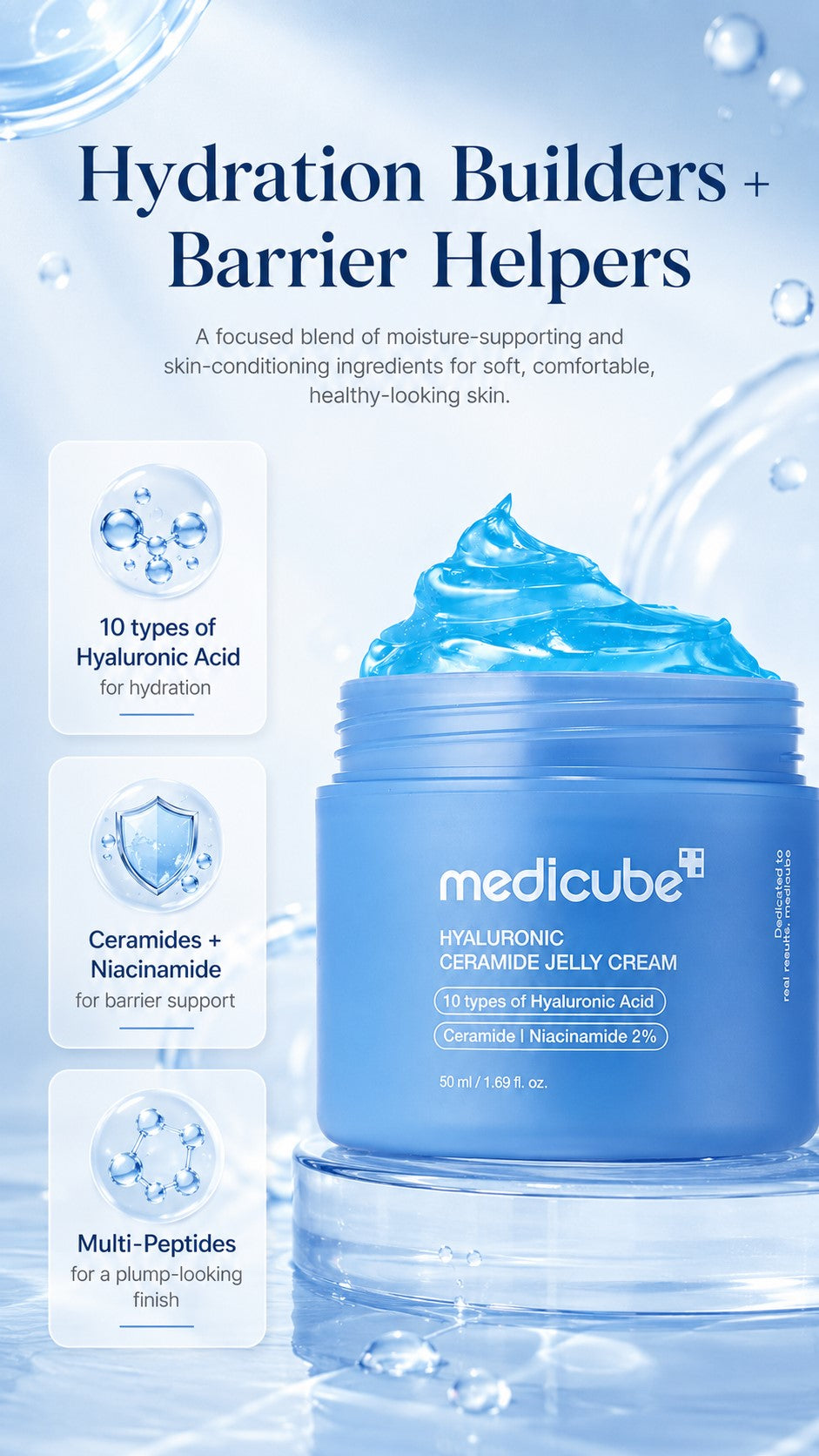 Hyaluronic Acid Jelly Cream Moisturizer with Ceramides & Peptides | Lightweight Daily Face Cream for Long-Lasting Hydration, Barrier Support, Plump Glow, All Skin Types, 1.69 fl oz