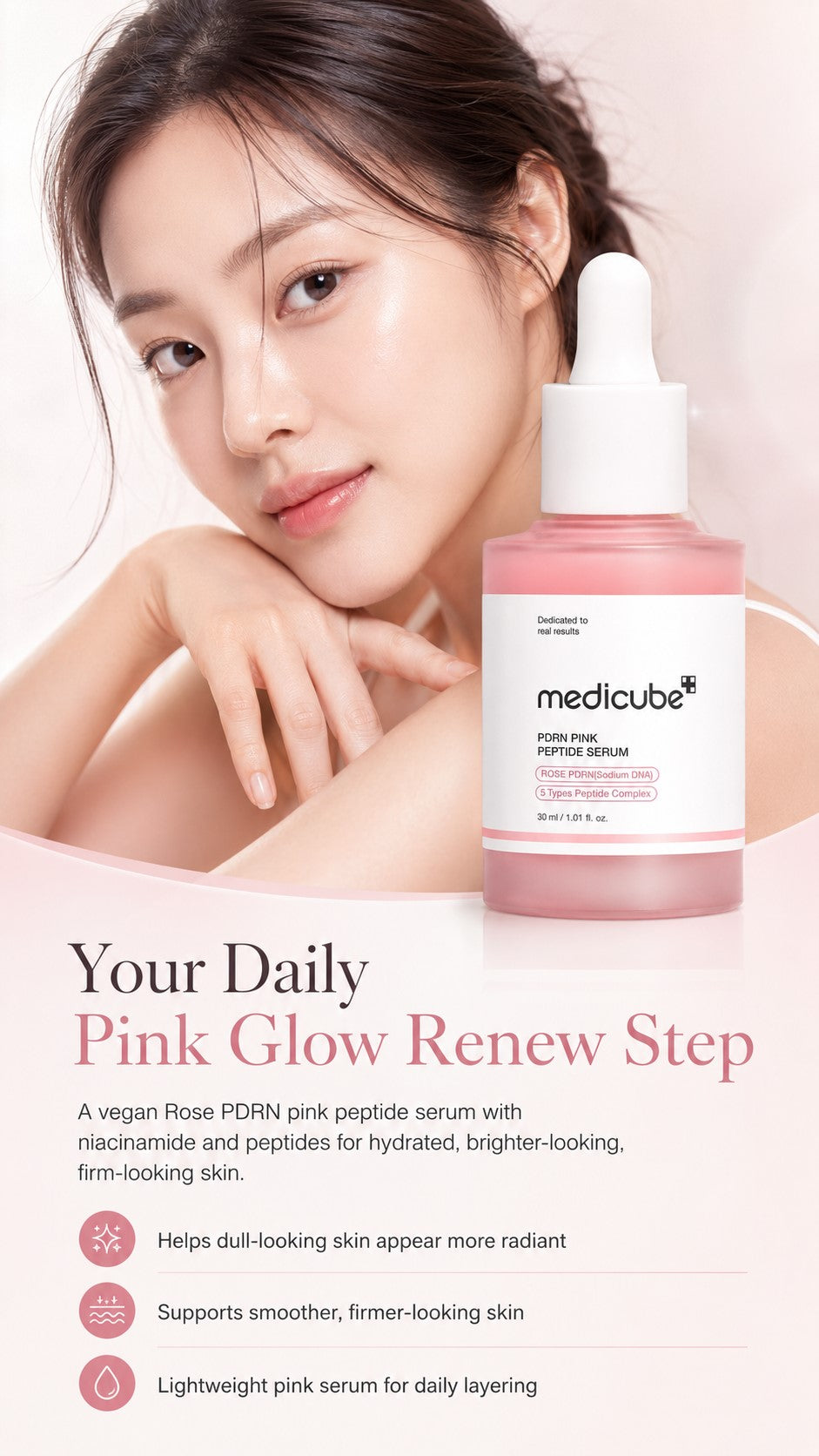 Vegan Rose PDRN Pink Peptide Serum, Korean Glow Serum with Niacinamide, Adenosine & 5 Peptide Complex for Hydration, Uneven Tone & Firm-Looking Skin, 1.01 Fl Oz