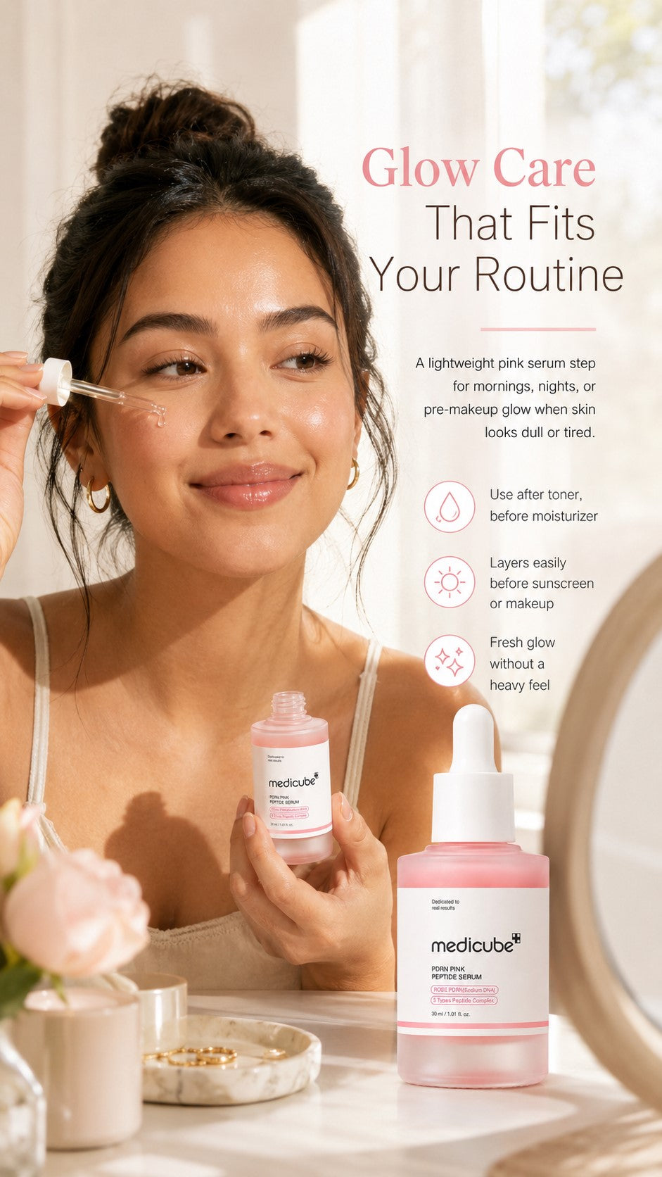 Vegan Rose PDRN Pink Peptide Serum, Korean Glow Serum with Niacinamide, Adenosine & 5 Peptide Complex for Hydration, Uneven Tone & Firm-Looking Skin, 1.01 Fl Oz