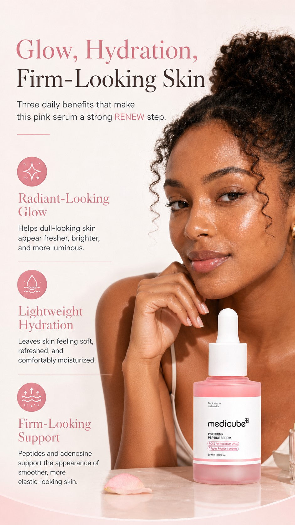 Vegan Rose PDRN Pink Peptide Serum, Korean Glow Serum with Niacinamide, Adenosine & 5 Peptide Complex for Hydration, Uneven Tone & Firm-Looking Skin, 1.01 Fl Oz