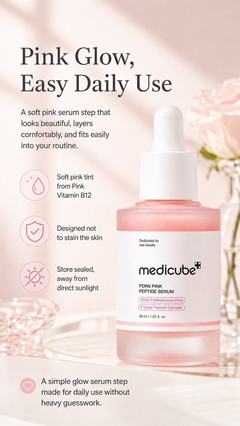 Vegan Rose PDRN Pink Peptide Serum, Korean Glow Serum with Niacinamide, Adenosine & 5 Peptide Complex for Hydration, Uneven Tone & Firm-Looking Skin, 1.01 Fl Oz