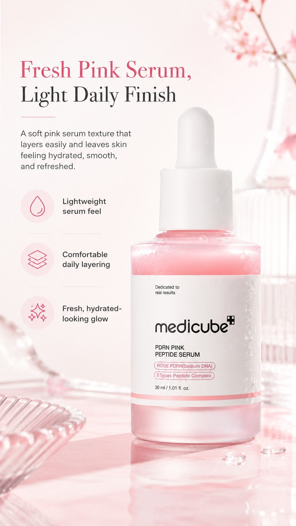 Vegan Rose PDRN Pink Peptide Serum, Korean Glow Serum with Niacinamide, Adenosine & 5 Peptide Complex for Hydration, Uneven Tone & Firm-Looking Skin, 1.01 Fl Oz