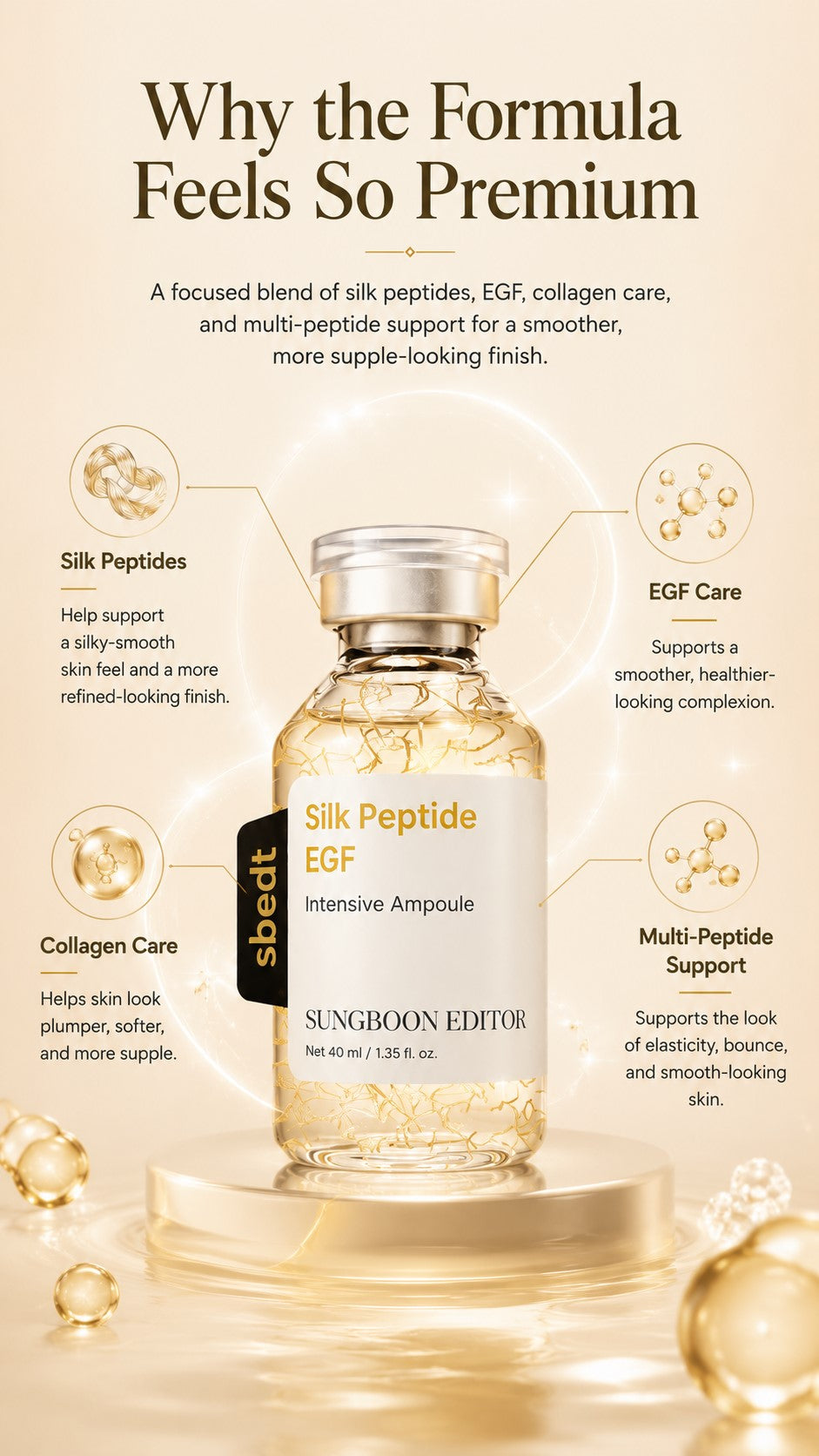Glow Intensive Deep Collagen Silk Peptide EGF Ampoule, Copper Peptides Serum for Face with Multi Peptides, Hydrating Korean Skincare Facial Serum for Smooth-Looking Skin, 1.35 Fl Oz
