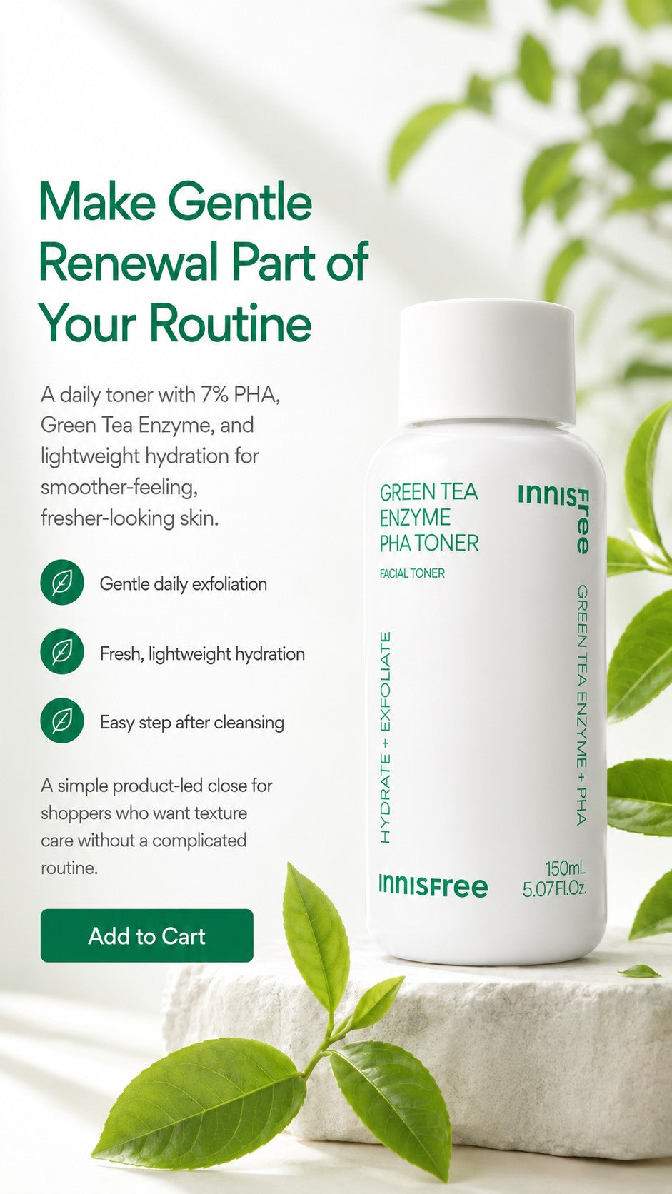 innisfree Green Tea Enzyme PHA Toner – 7% PHA for Gentle Daily Exfoliation: For Rough, Uneven Texture