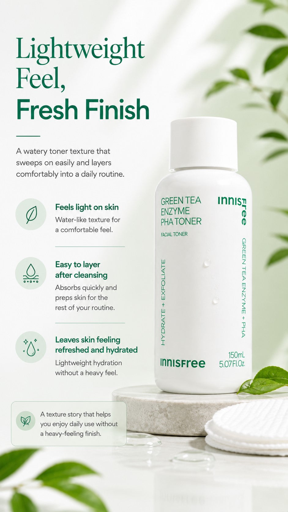 innisfree Green Tea Enzyme PHA Toner – 7% PHA for Gentle Daily Exfoliation: For Rough, Uneven Texture