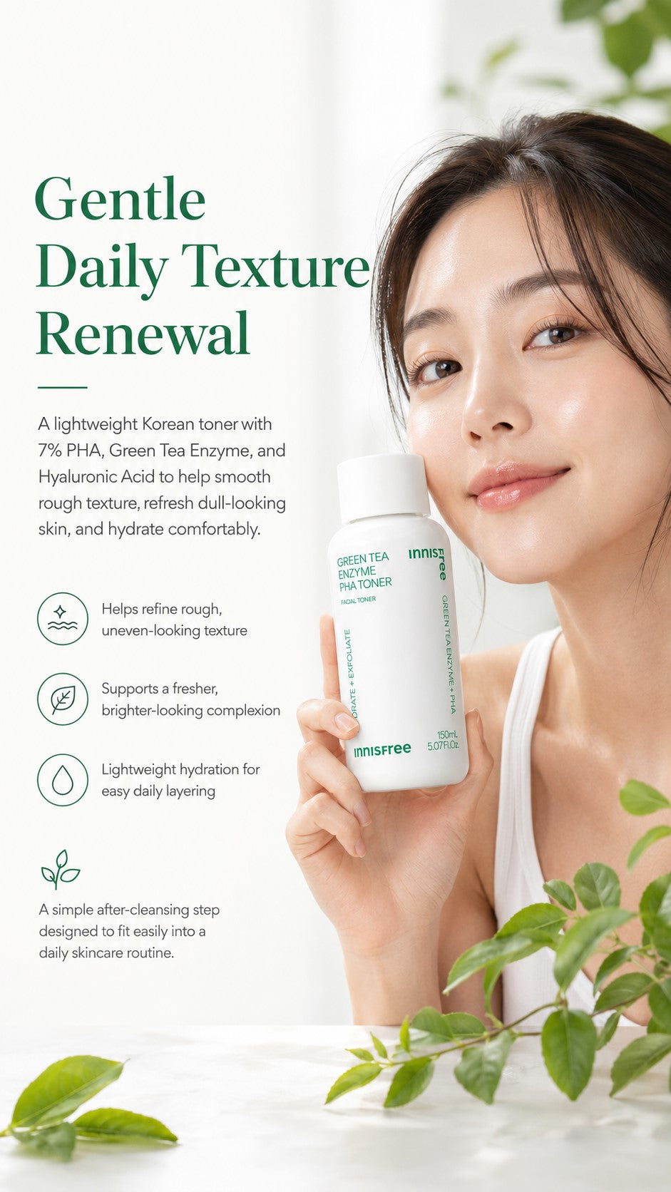 innisfree Green Tea Enzyme PHA Toner – 7% PHA for Gentle Daily Exfoliation: For Rough, Uneven Texture