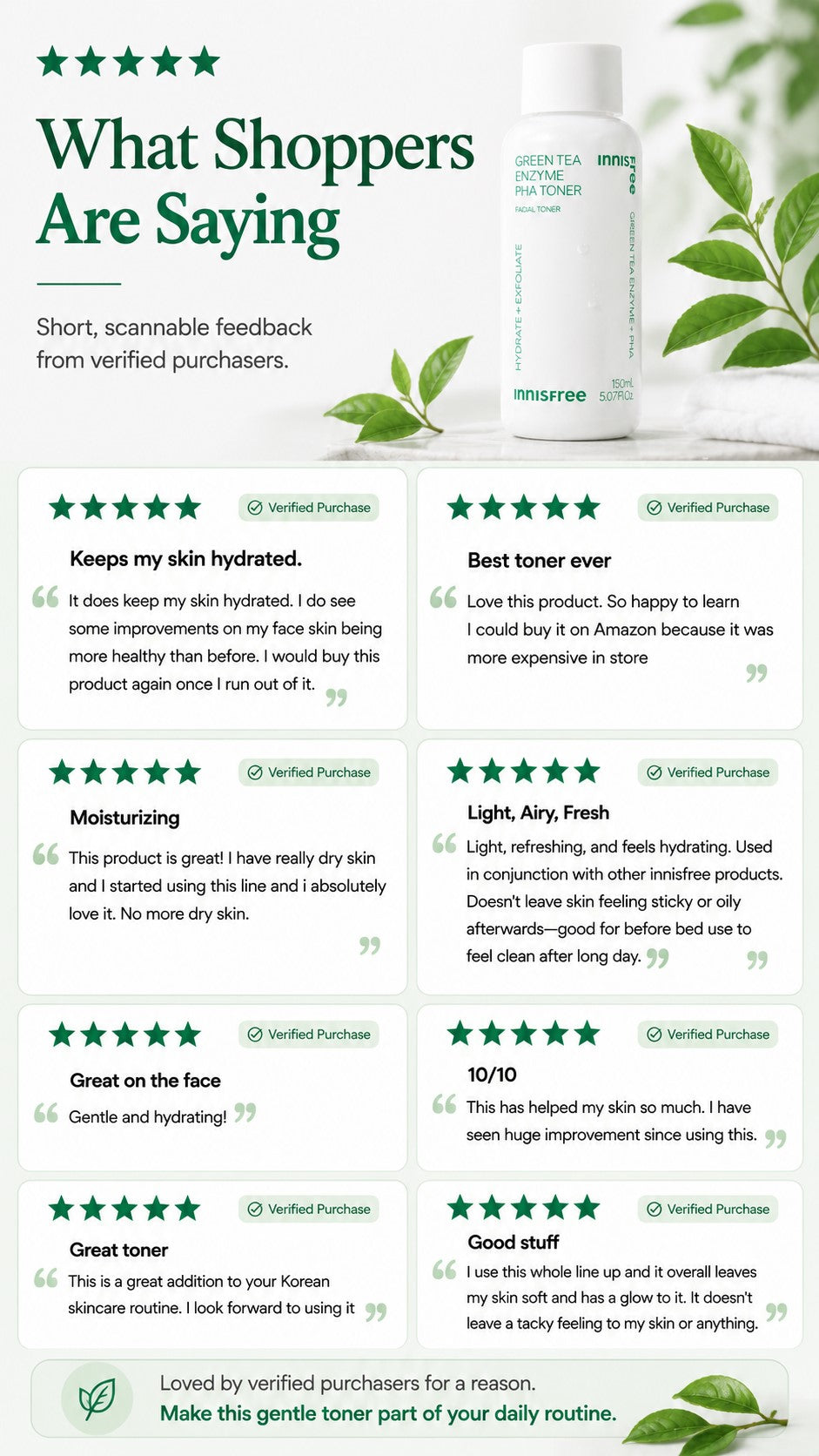 innisfree Green Tea Enzyme PHA Toner – 7% PHA for Gentle Daily Exfoliation: For Rough, Uneven Texture